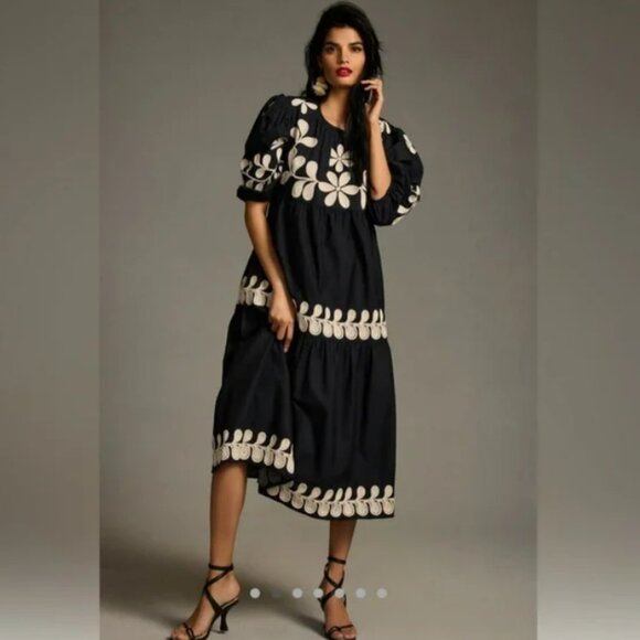 Anthropologie Puff Sleeve Embroidered Midi Dress - Picture 1 of 4